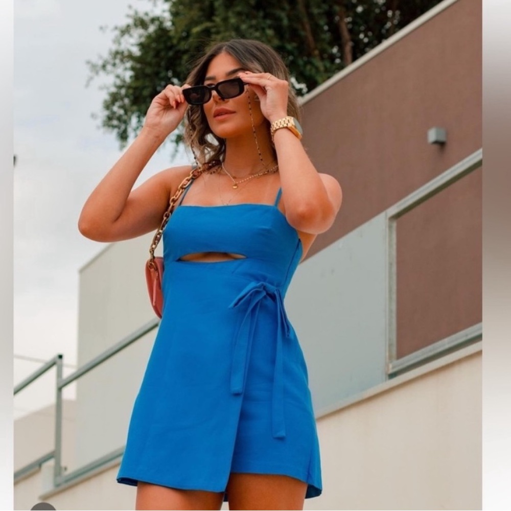 Zara Blue Spaghetti Strap Wrap Shorts Romper